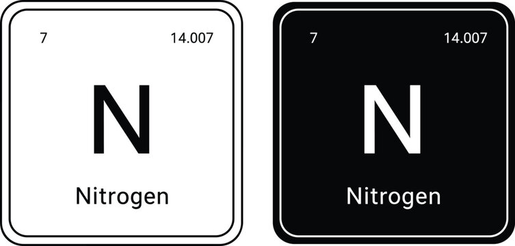 Nitrogen element symbol 'N' on a white and black background periodic table tile showing atomic number seven and atomic weight $14.007$ minimal graphic representation.