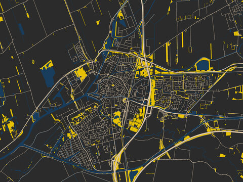 Modern graphic street map of Meppel, Netherlands, with matte charcoal landmass with pale cream street lines, bold yellow accents and navy-blue water shapes