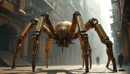 Golden mechanical spider walks on steampunk city street. Gears and steam vents create atmosphere. People observe giant automaton in urban alleyway. Old fashioned buildings line cobblestone path.