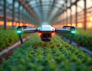 Drone flies above green plants in greenhouse with colorful lights. Advanced tech monitors crops for better yield. Automation aids farming efficiency. Unmanned aerial vehicle. Future agriculture.