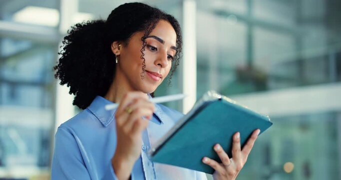 Media agency, thinking and woman in office, tablet and planning for submission. Tech, copywriting and person in workplace, stylus or research for news report, choice and ideas for website blog or app