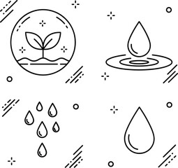 Essential Line Icon Set Illustrating Water and Plant Life, Emphasizing Environmental Sustainability, Natural Growth,