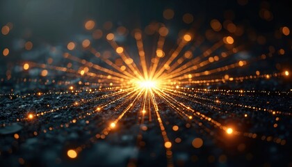 Abstract glowing network of orange dots and lines spreads from bright center on dark textured ground. Digital connections expand outwards in futuristic abstract design.