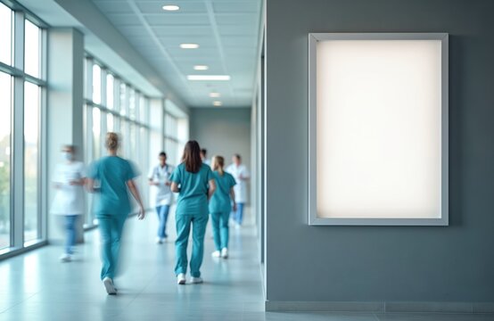 Medical staff walk in hospital corridor past empty poster frame near large window. Busy healthcare workers move along bright hallway, blurred figures busy with work.