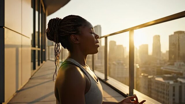 Woman meditating in lotus position on a highrise balcony overlooking a city skyline at sunrise or sunset.
