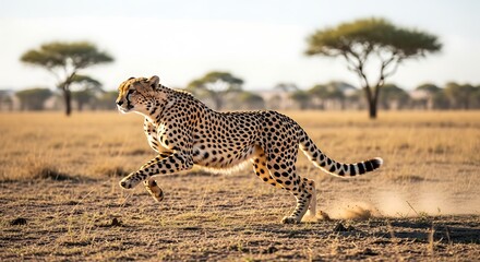 Fototapeta premium Cheetah running across savanna wildlife action shot in natural habitat