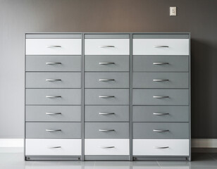 Contemporary Modular Storage System: Three columns of gray and white drawers with chrome handles against a deep gray wall in a minimalist office or residential interior design setting.