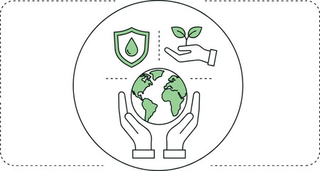 Clean line art illustration within a circle, showing hands holding the Earth, with surrounding symbols for ecological protection,
