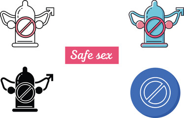 Set of stylized vector icons illustrating safe sex practices and contraception, featuring a condom with a prohibition symbol