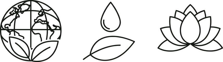 Set of three simple black outline icons representing ecology and wellness: a globe circled by leaves, a water drop on a leaf for conservation,