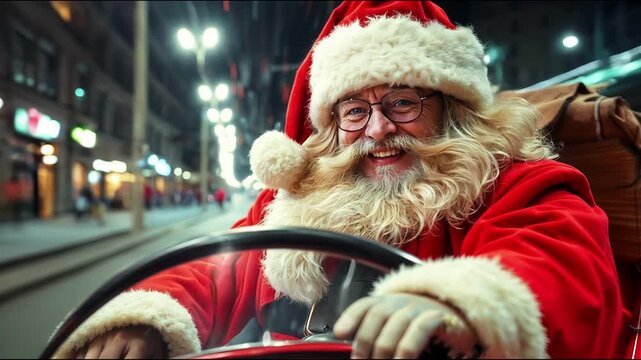 A cheerful and cunning Santa with a charming smile.  Santa's fun Christmas ride in the RED FAIRY TALE CAR