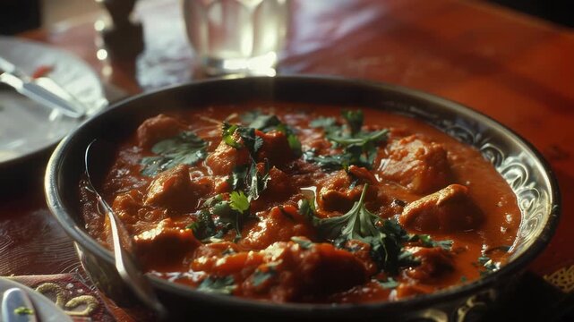 Close-up  of a flavorful Indian curry filled with chunks of meat, vegetables, and herbs on a wooden table.
