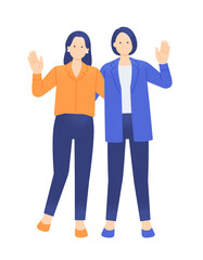 求人・歓迎・採用に使える。明るく手を振るオフィスカジュアルの女性2人。イラスト素材。