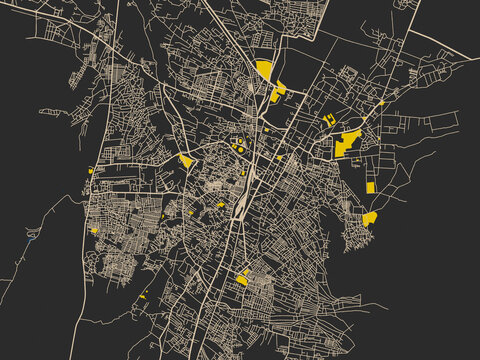 Modern graphic street map of Quetta, Pakistan, with matte charcoal landmass with pale cream street lines, bold yellow accents and navy-blue water shapes