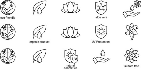 Aesthetic Collection of Natural Cosmetic and Eco-Friendly Outline Icons Representing Organic Products, Aloe Vera,