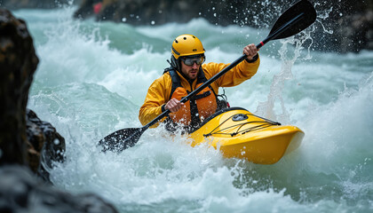 Fototapeta premium Man in yellow jacket kayaks through turbulent whitewater rapids. He wears a helmet and goggles, paddling hard through crashing waves and spray. This action shot captures intense water sport.