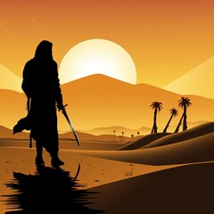 A lone rior in a hooded cloak stands silhouetted against a vibrant desert sunset with palm trees