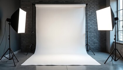 Photo studio setup with blank white backdrop and professional softbox lighting equipment on tripods. Ready for creative photo shoot with no people. Indoor scene.