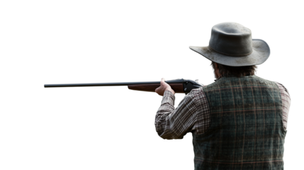 Western hunter aiming rifle with black background evoking vintage times
