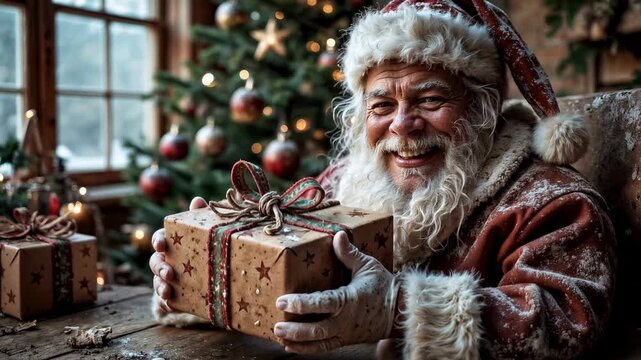 A cheerful and cunning Santa smiles charmingly and winks cheerfully, looking at the camera. Christmas Eve, magic and witchcraft.