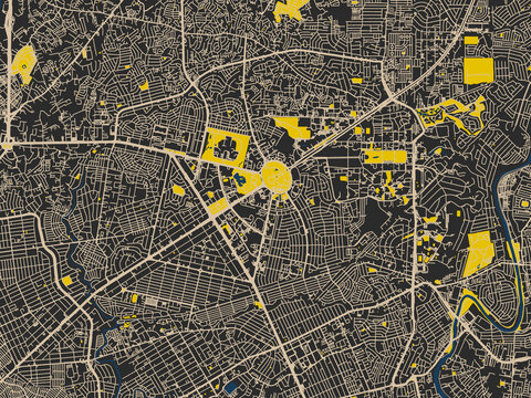Minimalist map of Quezon City, Philippines, noir yellow color palette