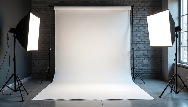 Photo studio setup with blank white backdrop and professional softbox lighting equipment on tripods. Ready for creative photo shoot with no people. Indoor scene. - Powered by Adobe