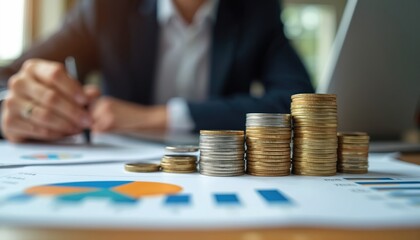 Person reviews financial charts and stacks of coins near laptop. Analysis of profit growth and investment portfolio in office. Income calculation for business success.