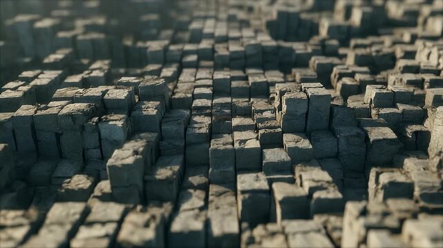 Abstract digital landscape of textured, uneven blocks. Intricate geometric pattern with varied heights and deep shadows, creating a structured, surreal, and dynamic terrain