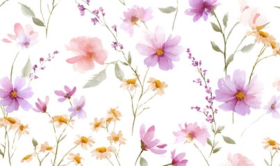 Obraz premium a delicate watercolor pattern of pastel-colored wildflowers, including roses and daisies, arranged in an elegant layout on white paper