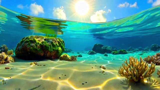 Tropical ocean split view underwater seascape bright sun blue sky clear water sandy bottom coral reef rocks marine life paradise vacation travel nature background