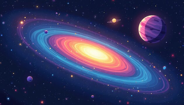 Colorful galaxy illustration with planets and stars in cosmic space. Spiral nebula shines brightly center. Outer space scene feels wondrous and dreamy.