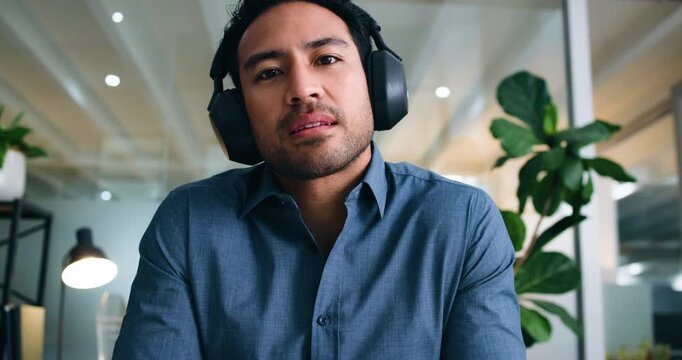 Face, headphones and man in video call for business, insurance webinar or idea. Portrait, virtual meeting and POV of happy broker in online conference for policy update, think or listen in office