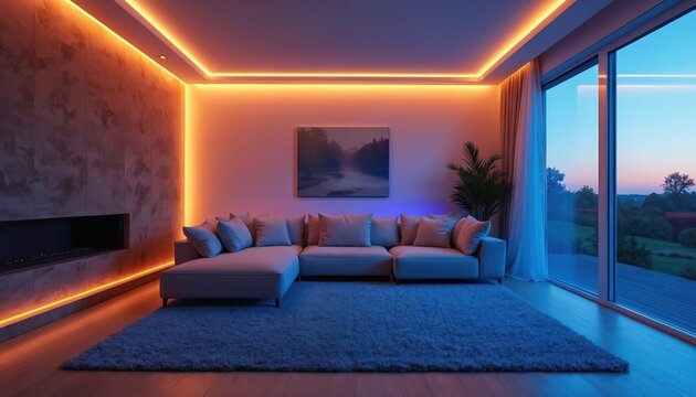 Modern living room with sectional sofa and fireplace. Ambient led strip lighting accents ceiling and wall. Large window overlooks landscape at dusk.