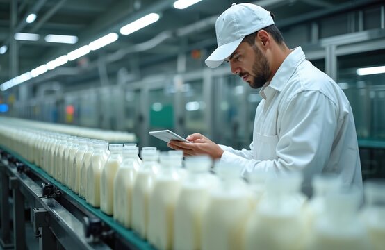 Man in uniform checks milk bottles on a conveyor belt with a tablet. He works in a modern dairy factory with automated production lines, ensuring product quality and safety.