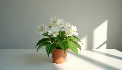 White epimedium flowers bloom in brown pot on bright table. Lush green leaves contrast with soft sunlight shadows. Elegant plant brings tranquil decor to indoor space.