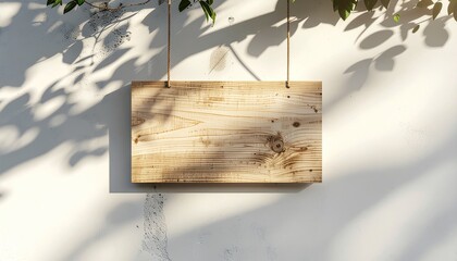 白い漆喰壁と緑の葉の影：自然に囲まれた温かい雰囲気の木製サインボード