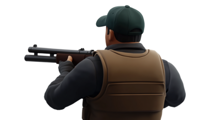 Hunter ready to shoot holding a shotgun in a black isolated background