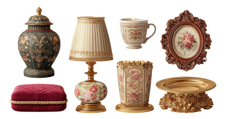 Elegant Collection of Vintage Decorative Objects on Transparent Background