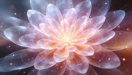 Bloom-like explosion of data petals radiating outward, layered semi-transparent sheets of light, micro nodes, and a dreamlike AI glow