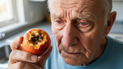 Elderly man inspecting spoiled apple in kitchen during morning light. Elderly man contemplates discarded apple showing signs of spoilage in cozy kitchen.