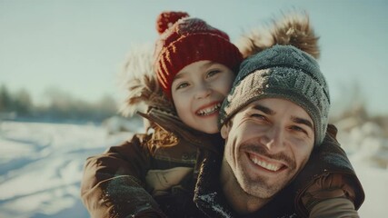 A heartwarming scene of a man carrying his child on a winter day.