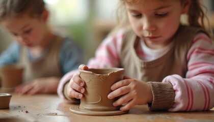 Children hands mold wet clay creating small pots in art class. Kids learn pottery skills developing fine motor skills and creativity. Young artists shape earth material forming unique vessels.