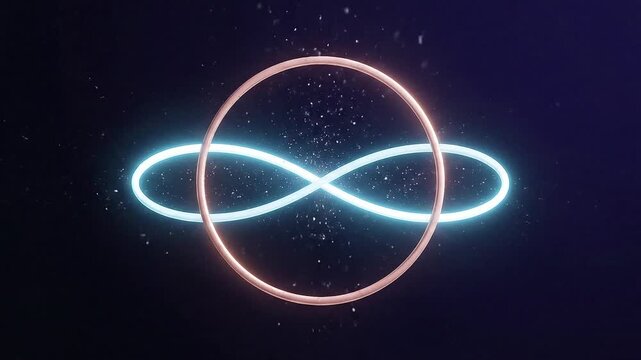 Abstract infinity symbol with a cosmic backdrop and glowing particles