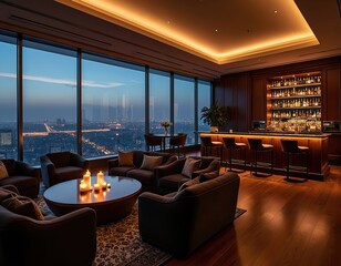 Fototapeta premium Luxurious lounge bar offers stunning city skyline view at night. Plush sofas, ambient lighting, and extensive liquor bottles create a sophisticated atmosphere for guests. Enjoy drinks and relaxation.