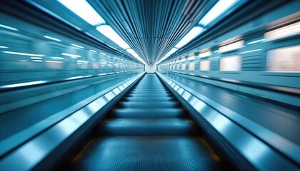 Moving walkway in modern subway station creates sense of speed and travel. Bright lights line tunnel overhead with blurred motion effect. Futuristic urban transport takes people underground.