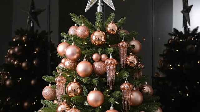 Breathtaking Christmas tree adorned with shimmering rose gold ornaments, radiant festive star at top