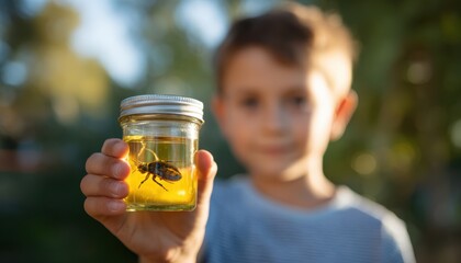 Young Boy Holding Glass Jar with Bug Outdoors in Sunlight