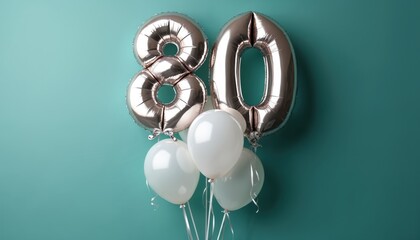 Shiny silver number 80 balloons, white latex balloons float together. Festive anniversary decoration against teal background. Milestone event celebration, elegant party element. Thirty balloons total.