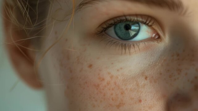 The  captures the serene beauty of a human face, focusing on the soft skin texture and unique patterns of freckles. The person's eyes are gently closed, inviting a sense of calm and tranquility.