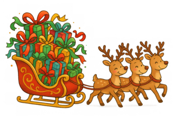 Reindeer team pulling santa's sleigh full of colorful christmas presents, holiday season cartoon illustration on transparent background